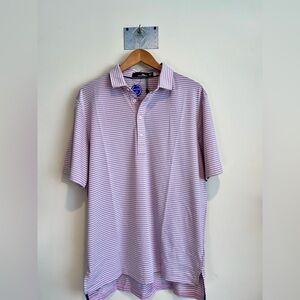RLX Polo Ralph Lauren Mens Pink Gray Striped Short Sleeve Shirt Wicking $98 Sz L